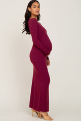 Burgundy Ribbed Fitted Long Sleeve Maternity Maxi Dress