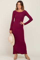 Burgundy Ribbed Fitted Long Sleeve Maxi Dress