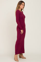 Burgundy Ribbed Fitted Long Sleeve Maxi Dress