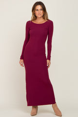 Burgundy Ribbed Fitted Long Sleeve Maxi Dress