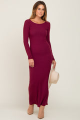 Burgundy Ribbed Fitted Long Sleeve Maxi Dress