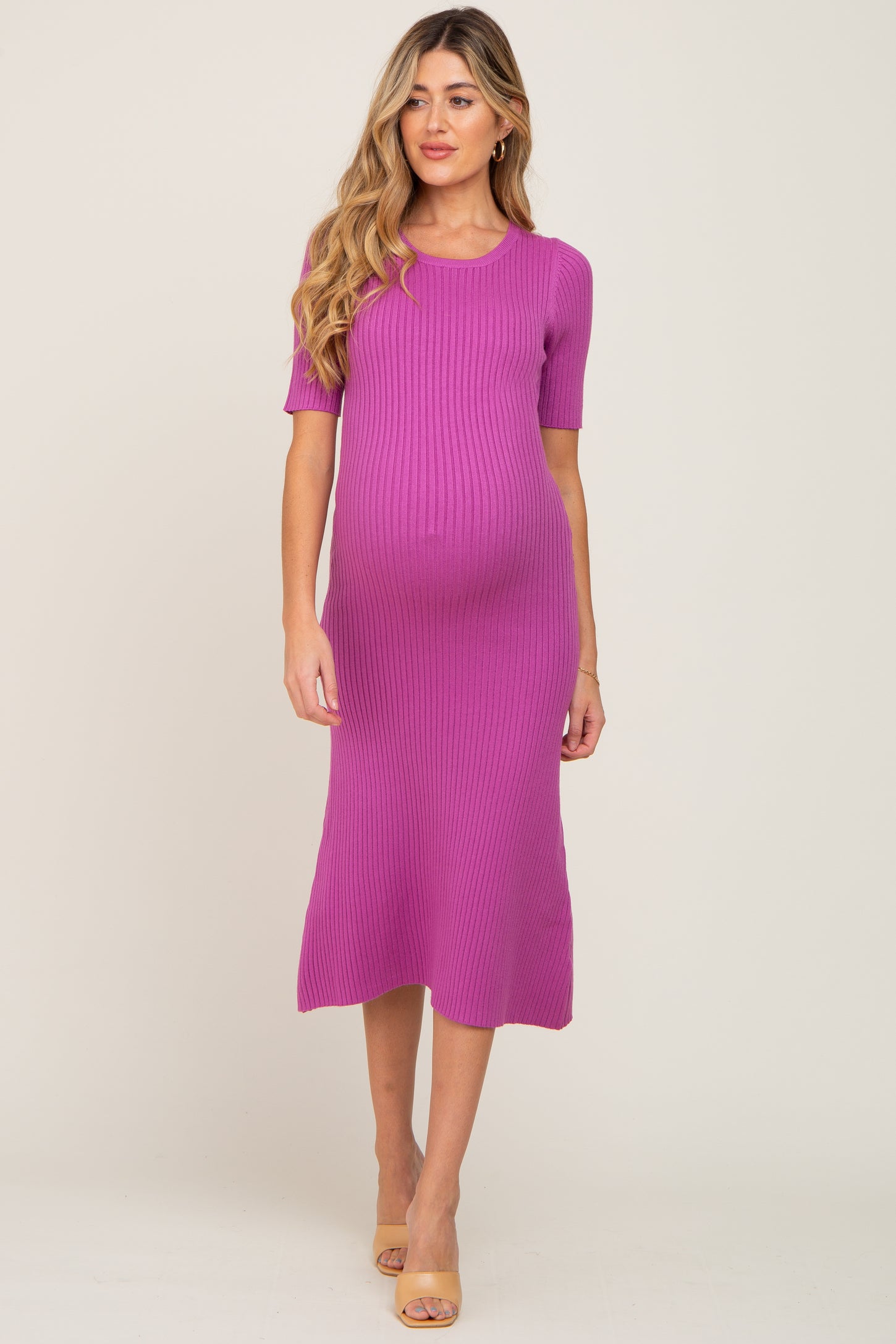 Magenta Rib Knit Flare Maternity Midi Dress– PinkBlush
