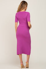 Magenta Rib Knit Flare Maternity Midi Dress