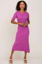 Magenta Rib Knit Flare Midi Dress