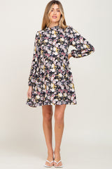 Black Floral Ruffle Mock Neck Maternity Dress