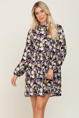 Black Floral Ruffle Mock Neck Maternity Dress