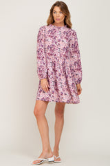 Pink Floral Ruffle Mock Neck Dress