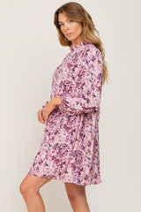 Pink Floral Ruffle Mock Neck Dress