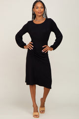 Black Long Sleeve Ruched Midi Dress