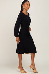 Black Long Sleeve Ruched Midi Dress