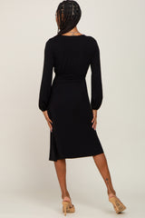 Black Long Sleeve Ruched Midi Dress