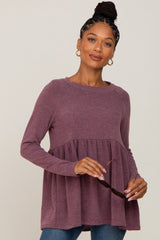 Purple Brushed Knit Long Sleeve Peplum Maternity Top