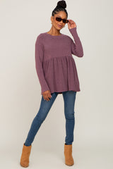 Purple Brushed Knit Long Sleeve Peplum Top