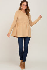 Yellow Brushed Knit Long Sleeve Peplum Top