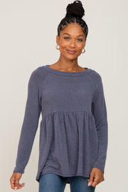 Navy Brushed Knit Long Sleeve Peplum Top