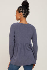 Navy Brushed Knit Long Sleeve Peplum Top