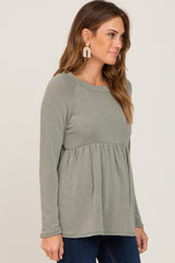 Olive Brushed Knit Long Sleeve Peplum Top