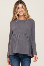 Charcoal Brushed Knit Long Sleeve Peplum Maternity Top