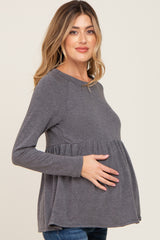 Charcoal Brushed Knit Long Sleeve Peplum Maternity Top