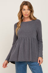 Charcoal Brushed Knit Long Sleeve Peplum Maternity Top