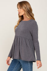 Purple Brushed Knit Long Sleeve Peplum Top