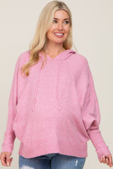 Pink Soft Knit Drawstring Maternity Hoodie