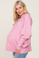 Pink Soft Knit Drawstring Maternity Hoodie