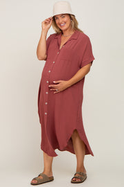 Rust Button Down Hi Low Maternity Plus Maxi Dress