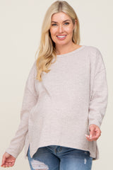 Beige Striped Brushed Maternity Long Sleeve Top