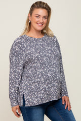 Navy Floral Side Slit Maternity Plus Long Sleeve Top