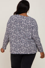 Navy Floral Side Slit Plus Long Sleeve Top