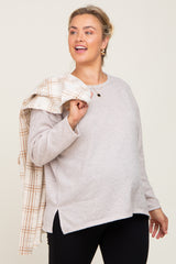 Beige Striped Brushed Maternity Plus Long Sleeve Top