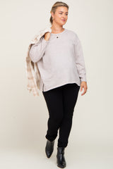 Beige Striped Brushed Maternity Plus Long Sleeve Top