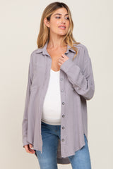 Grey Linen Fringe Button Down Maternity Top