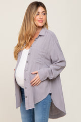 Grey Linen Fringe Button Down Maternity Top