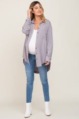 Grey Linen Fringe Button Down Maternity Top