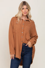 Camel Linen Fringe Button Down Maternity Top