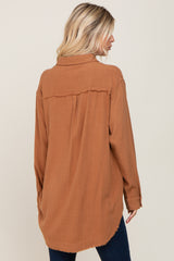 Camel Linen Fringe Button Down Top