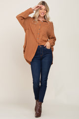 Camel Linen Fringe Button Down Top