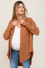 Camel Linen Fringe Button Down Maternity Top