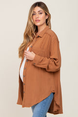 Camel Linen Fringe Button Down Maternity Top