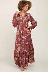 Burgundy Floral Tiered Maxi Dress