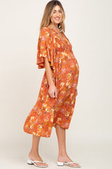 Rust Floral Smocked Flowy Half Sleeve Maternity Midi Dress