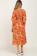 Rust Floral Smocked Flowy Half Sleeve Maternity Midi Dress