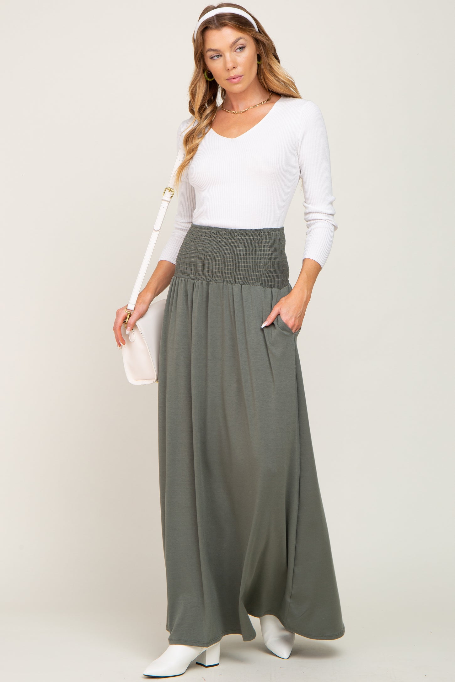 Olive Smocked High Waisted Maxi Skirt– PinkBlush