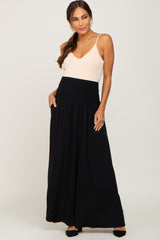 Black Smocked High Waisted Maternity Maxi Skirt