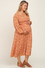 Rust Floral Front Tie Maternity Plus Midi Dress