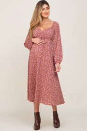 Mauve Cinched Tie Waist Maternity Midi Dress