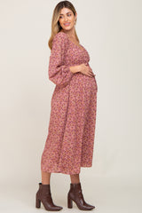 Mauve Cinched Tie Waist Maternity Midi Dress