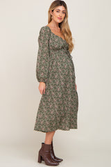 Olive Cinched Tie Waist Maternity Midi Dress